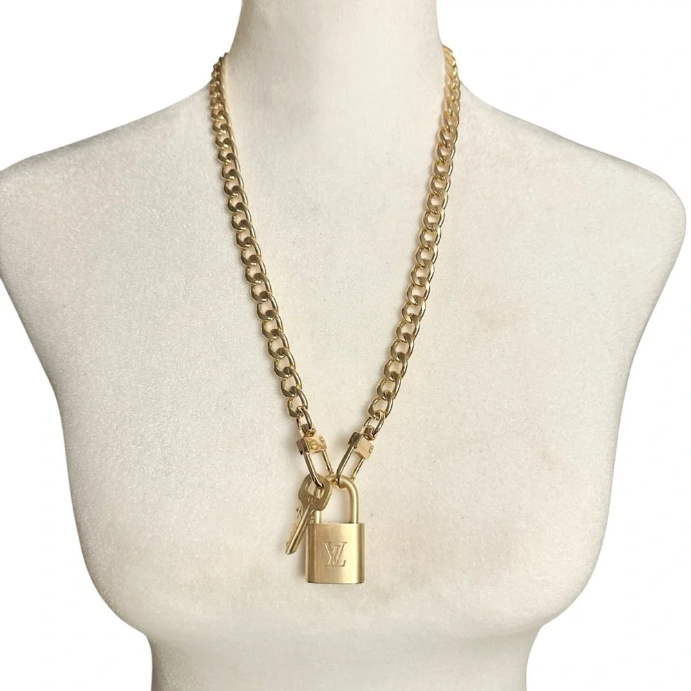 Authentic Louis Vuitton #320 Lock & Key Set on a 18K Gold Plated Chain Necklace